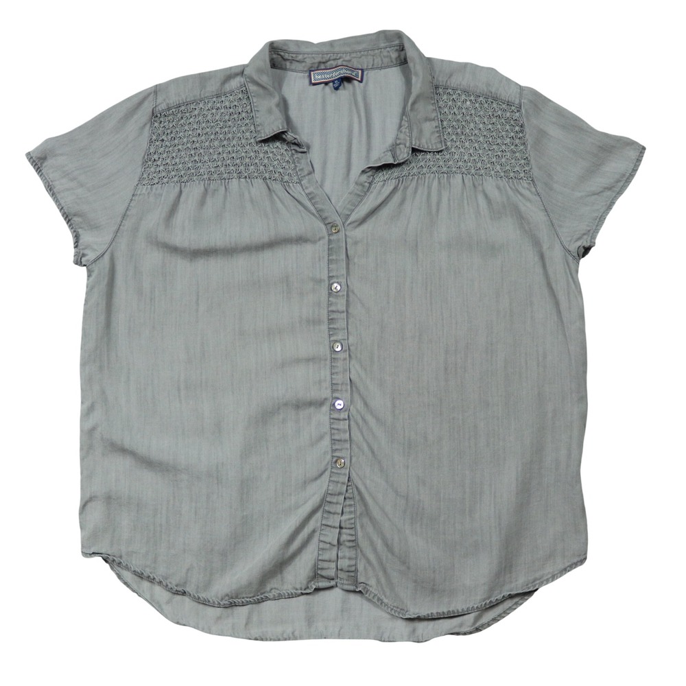 Hester & Orchard Gray 100% Tencel Short Sleeve Button Blouse Crochet Yoke Sz XL